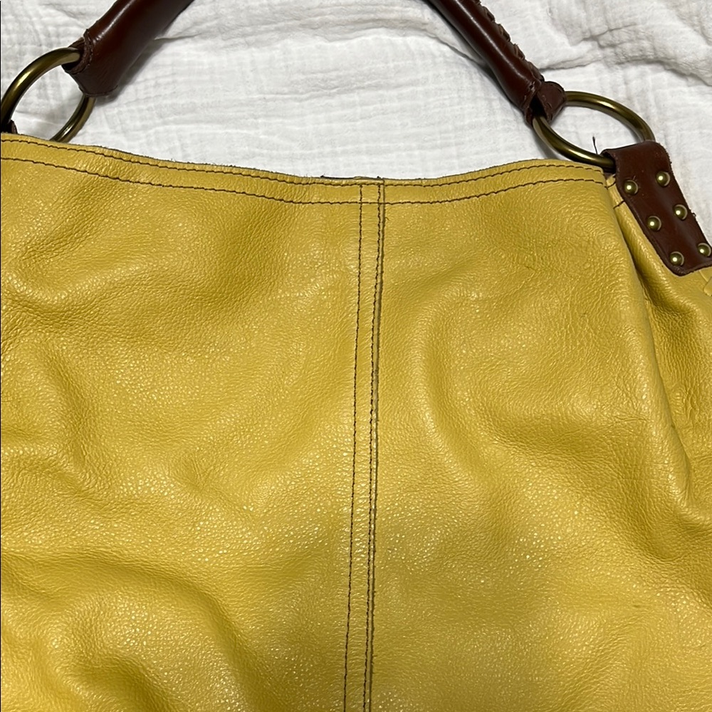 Lucky Brand Yellow Hobo Bag with Textured Leather and Brown Strap